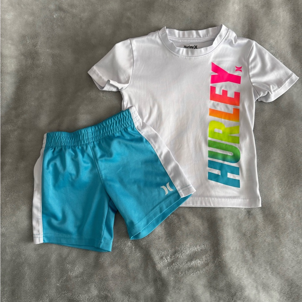 Hurley White Tee with Multicolor Logo and Blue Shorts